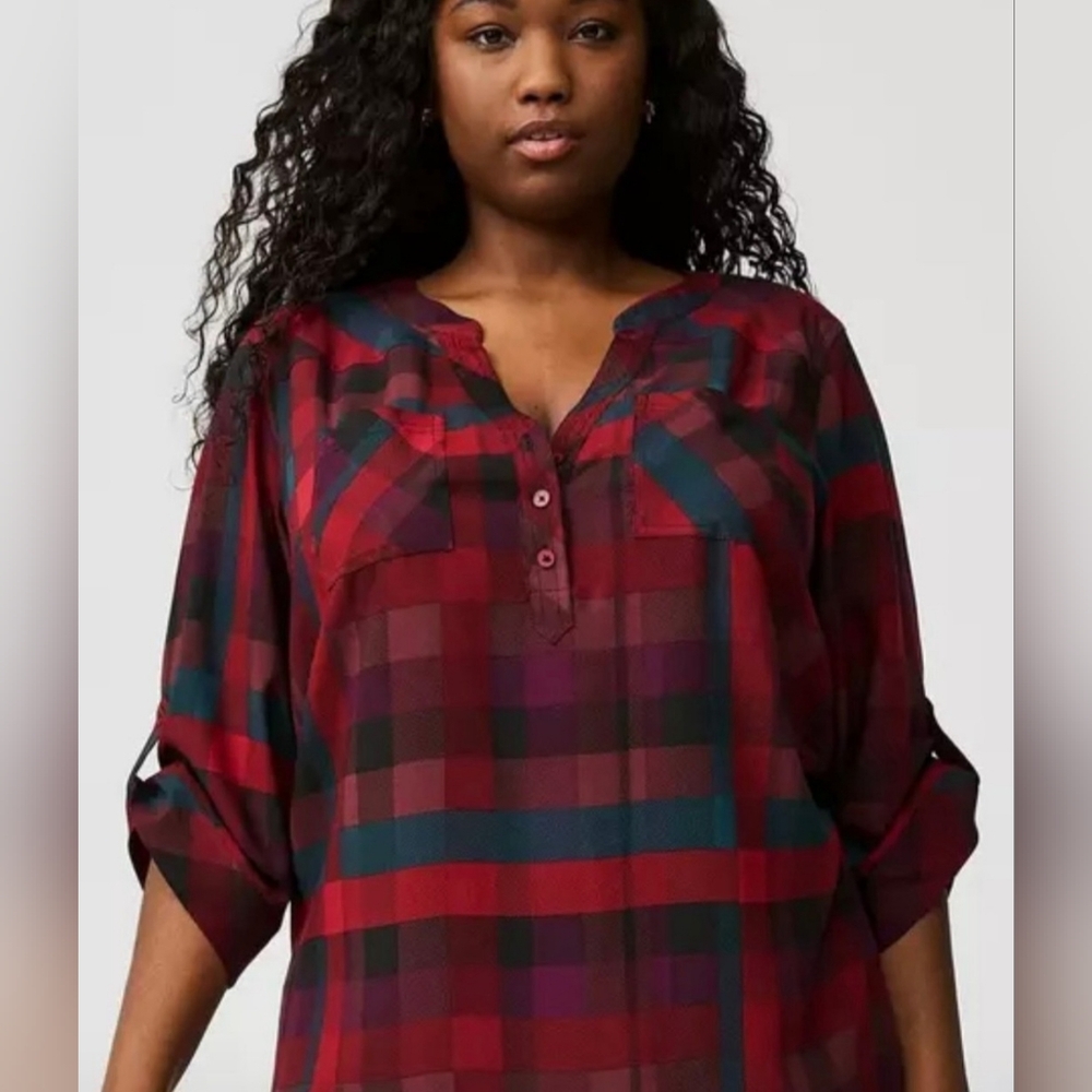 Elegant Torrid Plaid V-Neck Harper Blouse With 3/4 Sleeves